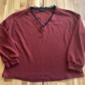 SHEIN Maroon Knit Top with Black Lace Detail